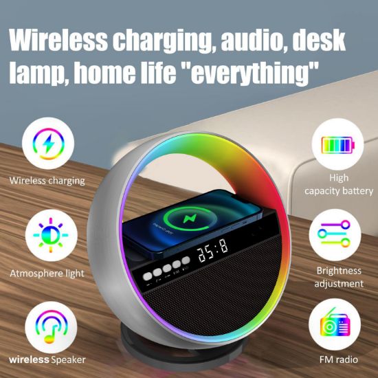 Picture of G5 wireless charging bluetooth speaker big G atmosphere light mobile phone wireless charging clock multi-function audio source factory