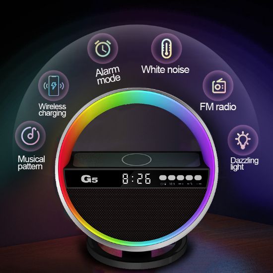 Picture of G5 wireless charging bluetooth speaker big G atmosphere light mobile phone wireless charging clock multi-function audio source factory