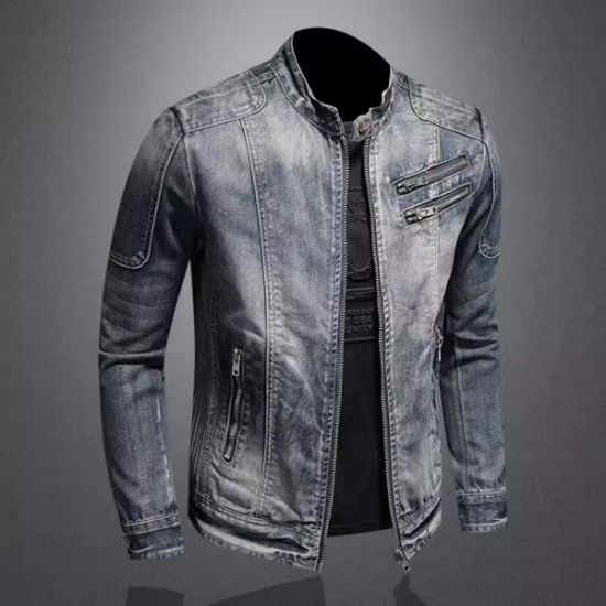 Picture of Fashion men's denim jacket European and American casual retro large size stand collar zipper jacket cycling motorcycle clothing